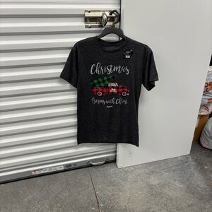 NWT Joy & Grace Festive Adult Christmas Begins with Christ Tee Plaid Red Truck S